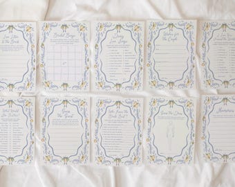 Bridal Shower Games Template Lemon Bridal Shower Advice Wishes Card Blue European Summer Hand Drawn Chinoiserie Editable Download, 0101