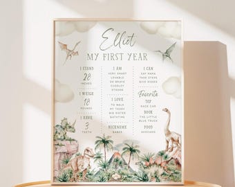 May include: A personalised milestone poster for Elliot titled My First Year, featuring watercolour dinosaur illustrations, clouds, and text detailing height in inches, weight in pounds, teeth count, personality traits, and favourite items.