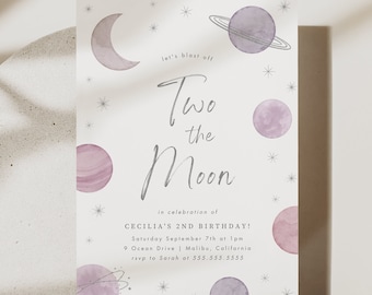 Two the Moon Birthday Invitation 2nd Birthday Party Invitation Girl Space Invitation Planets Birthday Printable Invitation Template, 0001