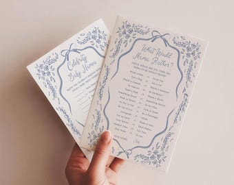 Baby Shower Games Template Blue Floral Shower Game Activity Card Printable Chinoiserie Hand Drawn Editable Toile Download, 0103