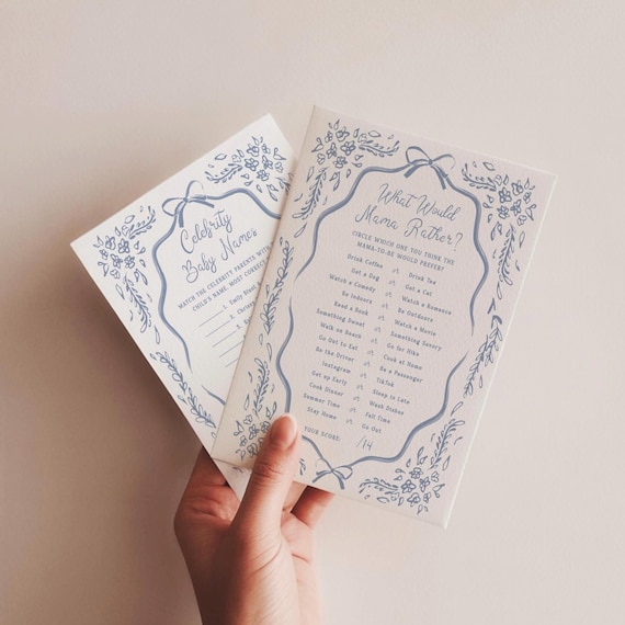 Baby Shower Games Template Blue Floral Shower Game Activity Card Printable Chinoiserie Hand Drawn Editable Toile Download, 0103