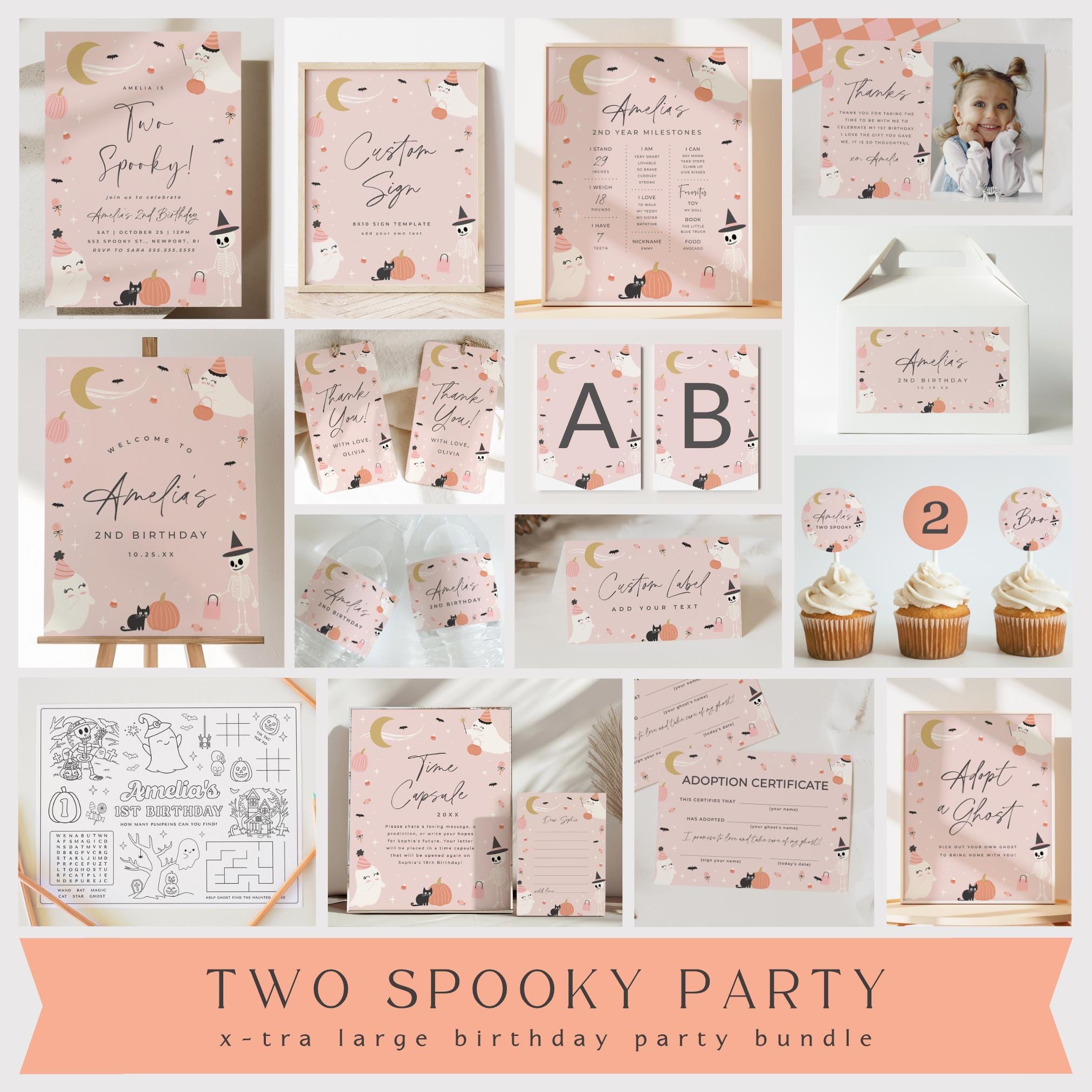 Two Spooky Birthday Bundle Girl Halloween 2nd Birthday Invitation Template Cute Ghost Pink Halloween Party Pack Editable Download, 0058