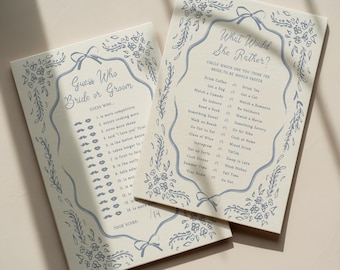 Bridal Shower Games Guess Who Bride or Groom Card What Would She Rather Template Blue Floral Activity Editable Download, 0103