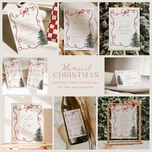 May include: A collection of Christmas-themed stationery templates. Each template features a red bow and a Christmas tree illustration. The templates include party invitations, menus, place cards, and wine labels. The text includes "Christmas Party", "Christmas Menu", and "Merry Christmas".