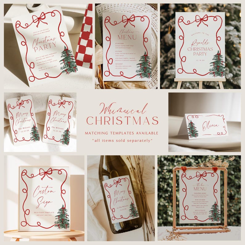May include: A collection of Christmas-themed stationery templates. Each template features a red bow and a Christmas tree illustration. The templates include party invitations, menus, place cards, and wine labels. The text includes "Christmas Party", "Christmas Menu", and "Merry Christmas".
