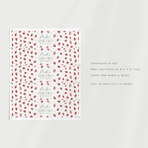 May include: A printable sheet featuring a strawberry design and the text "Mili's Berry First Birthday." The pattern includes red strawberries with green details on a white backdrop. Designed for printing on A4 paper, with trim marks and bleed.