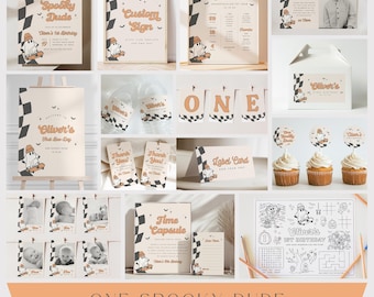May include: A collection of birthday party stationery and decorations featuring a ghost on a skateboard, checkered patterns, and the text One Spooky Dude, Oliver's 1st Birthday, Time Capsule, and Thank You, in a beige, black, and orange color palette.