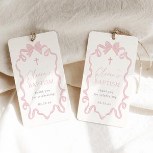 Taufe Tag Pink Bow Taufe Danke Tag Label Pink Coquette Bearbeitbar Taufe Gunst Tag Vorlage Hand gezeichnet Bow Label Printable, 0078