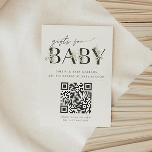 Modello di biglietto per lista nascita con codice QR, regali per neonato, inserto per baby shower, invito Baby in Bloom, modello di biglietto stampabile, 0008