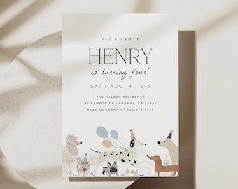 Puppy Birthday Invitation Dog Party Invite Modern Dog Invitation Dog Pawty Invite Printable Invitation Editable Template Download, 0043