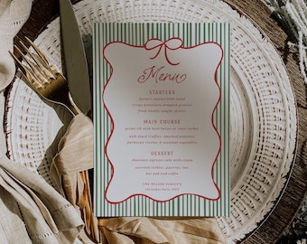 Christmas Menu Template Stripes Holiday Dinner Editable Cocktail Party Bow Printable Card Digital Download, 0123