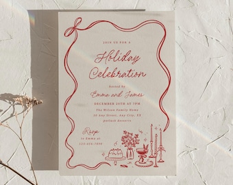 Christmas Invitation Holiday Celebration Invite Template Editable Bow Cocktail Party Printable Digital Download, 0126
