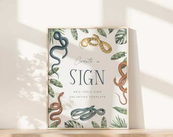 Letrero personalizado de cumpleaños de serpiente, póster de fiesta de reptiles, letrero de serpiente moderno para bricolaje, tablero imprimible para fiesta en el zoológico, plantilla editable, descarga instantánea, 0057