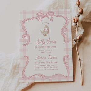 Goose Baby Shower Invitation Silly Goose Baby Shower Pink Mother Goose Shower Template Whimsy Bow Girl Vintage Goose Invite Printable, 0094