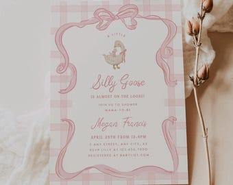 Invitación para baby shower de ganso, plantilla rosa para baby shower de mamá ganso, lazo de fantasía, invitación vintage de ganso imprimible, 0094