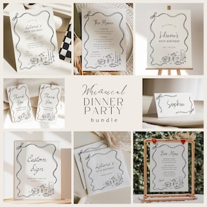 Dinner Party Bundle Hand gezeichnete Schleife Geburtstagsessen Einladung Wunderliche Tischlandschaft Menü Vorlage Bearbeitbare Cocktail Party Tischkarte, 0073