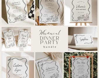 Dinner Party Bundle Hand Drawn Bow Birthday Dinner Invitation Whimsical Tablescape Menu Template Editable Cocktail Party Place Card, 0073
