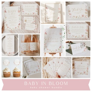 Baby in Bloom Shower Bundle Pink Floral Invitation Template Package Whimsical Florals Baby Shower Games Baby Shower Sign Printable, 0085