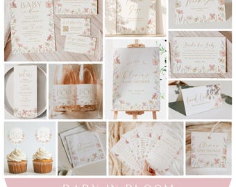 Baby in Bloom Shower Bundle Pink Floral Invitation Template Package Whimsical Florals Baby Shower Games Baby Shower Sign Printable, 0085