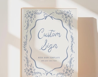 Table Sign Template Custom Sign Download Hand Drawn Toile European Coastal Bridal Shower Table Sign Something Blue Editable Sign, 0103