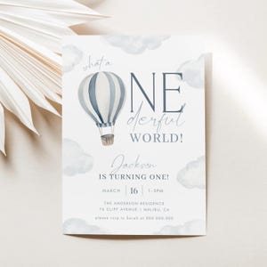 ONEderful Birthday Invitation Hot Air Balloon Birthday Invite ONEderful World First Birthday Party Printable Invitation Template, 0002