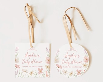 Floral Baby Shower Tag Baby in Bloom Label Baby Shower Pink Floral Round Tag Template Editable Square Tag Printable Digital Download, 0085