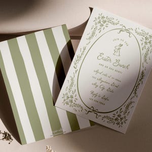May include: A green and white striped card with a white card on top. The white card has a green floral border with a green oval in the centre. The oval contains the text "JOIN US FOR Easter Bunch AND AN EGG HUNT!" with a small green bunny illustration. The text below the oval reads "April 20th at 11:00am 102 Anywhere Street Any City, State Reply to Sofia 123.456.7890"