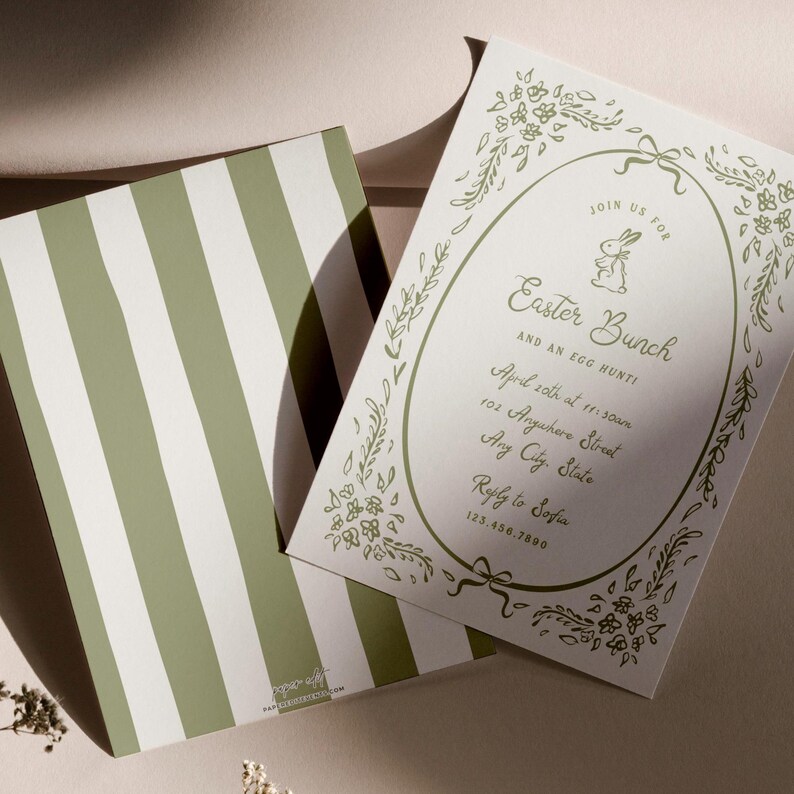 May include: A green and white striped card with a white card on top. The white card has a green floral border with a green oval in the centre. The oval contains the text "JOIN US FOR Easter Bunch AND AN EGG HUNT!" with a small green bunny illustration. The text below the oval reads "April 20th at 11:00am 102 Anywhere Street Any City, State Reply to Sofia 123.456.7890"