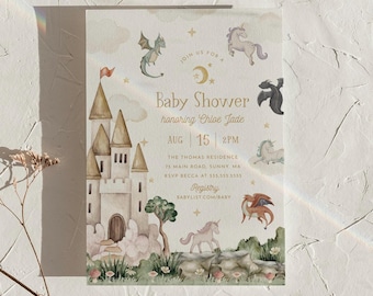 May include: A rectangular baby shower invitation card featuring a watercolor illustration of a castle, dragons, and unicorns. The text reads: Join us for a Baby Shower honoring Chloe Jade, Aug 15, 2PM, The Thomas Residence, 75 Main Road, Sunny, MA.