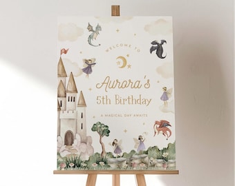 Fairies and Dragons Welcome Sign Fairy Birthday Party Dragon Fairy Tale Party Magical Day Editable Sign Customizable Poster Printable, 0051