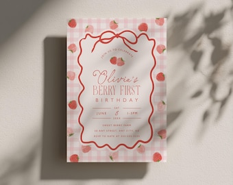 Berry First Birthday Invitation Template Personalized Printable Berry Invite Whimsical Bow Strawberry Party Digital Download, 0140