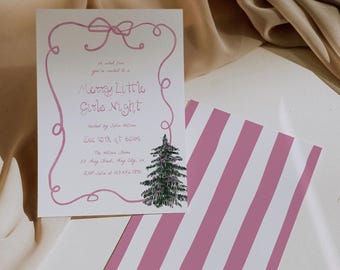 Merry Little Girls Night Invitation Hand Drawn Holiday Party Invite Template Printable Christmas Party Invite Coquette Bow Invitation, 0076