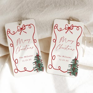 Etiqueta de Natal com laço extravagante, modelo de etiqueta para árvore de Natal, etiqueta editável para presente de Natal, etiqueta de coquete com laço vermelho para impressão, download instantâneo, 0062