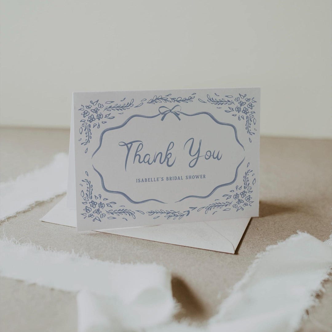 Thank You Card Template Editable Blue Floral Card Download Bridal ...