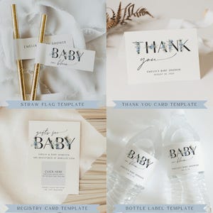 May include: A set of printable templates for a baby shower. The templates include a straw flag, thank you card, registry card, and bottle label. The designs feature a blue and white floral pattern with the text "Baby in Bloom".