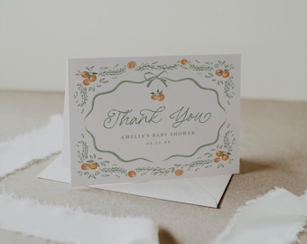 Thank You Card Little Cutie is on the Way Baby Shower Favor Editable Template Citrus Shower Green Floral Digital Download, 0130