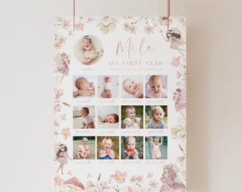 May include: A rectangular poster titled Mila My First Year featuring a circular newborn photo, twelve monthly milestone photos, and watercolor illustrations of fairies and flowers in shades of pink, beige, and white on a white background.