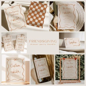 May include: A Friendsgiving dinner party bundle featuring invitations, menus, place cards, and a bar menu. The items have a cream background with a brown decorative border and text. The bundle includes a checkered napkin and a wine bottle label.