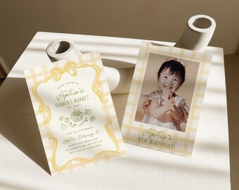 Invitación de cumpleaños para mercado de agricultores, plantilla de invitación para puesto de granja, editable, de cuadros vichy, imprimible, dibujada a mano, 0105