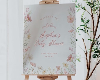 Baby in Bloom Welcome Sign Pink Floral Baby Shower Sign Template Editable In Bloom Flowers Printable Welcome Sign Digital Download, 0085