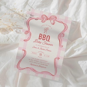 Invito per baby shower con barbecue Invito per baby shower per coppie Modello modificabile Invito per baby shower stampabile Fiocco rosa Baby shower disegnato a mano, 0086