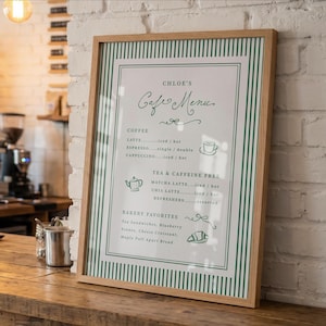 コーヒーベビーシャワーメニューテンプレートパーソナライズカフェベベグリーン編集可能ベーカリーブランチデジタルダウンロード印刷可能、0132