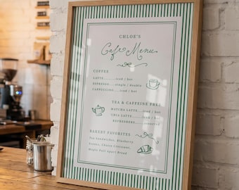 Plantilla de menú para baby shower con temática de café, personalizada, estilo café Bebe Green, editable, para panadería y brunch, descarga digital imprimible, 0132
