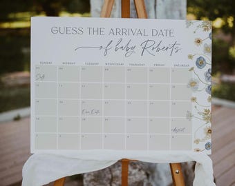 Calendario della data presunta del parto Indovina la data presunta del parto Cartello di arrivo del bambino Bambino in fiore Cartello minimalista modificabile per baby shower Modello stampabile, 0022