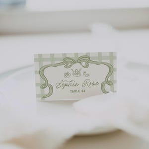 Place Card Template Editable Fresh off the Market Food Label Farmers Market Bridal Shower Printable Hand Drawn Bow Name Tag Gingham, 0110