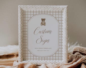 Szablon personalizacji znaku niedźwiedzia. Możemy czekać z niecierpliwością. Plakat na baby shower w kratkę. Do druku. Pobierz cyfrowo, 0135