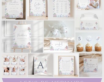 Peut inclure: Un ensemble de fête d'anniversaire sur le thème de la sirène avec une variété d'articles imprimables, y compris des invitations, des bannières, des décorations de cupcakes et des étiquettes de faveur. Le design présente une palette de couleurs pastel avec des illustrations de sirènes, de coquillages et de coraux.