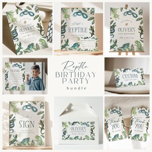 May include: A printable party bundle for a reptile themed birthday party. The bundle includes invitations, thank you cards, food tent labels, a sign, and a favor box. The design features watercolor illustrations of snakes, lizards, and other reptiles on a green and white background.