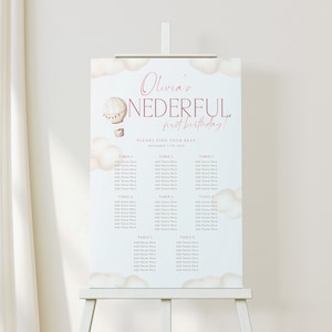 May include: A light blue and white printable seating chart with a hot air balloon graphic and the text "Olivia's NEDERFUL first birthday!"  Please find your seat - November 11th 2023. The chart lists tables 1 through 8 with space to add names.