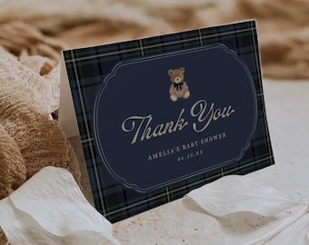 Bearly Wait Thank You Card Template Preppy Plaid Polo Teddy Vintage Inspired Printable Digital Download, 0122